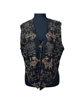 Red's Threads Vintage Black Gold-Beaded Art To Wear Rayon Vest Size S/M
